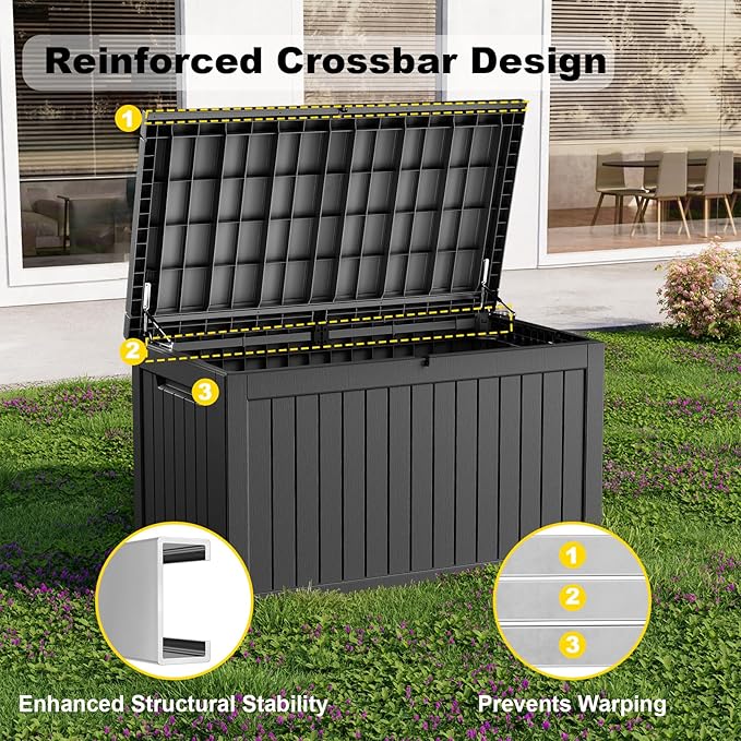 ROJIK Outdoor Storage Housing Deck Box - Waterproof Patio Furniture, Garden Tools, Cushions, Pool Accessories Storage Bench with Lockable Lid and Side Handles (Black 238 Gal)
