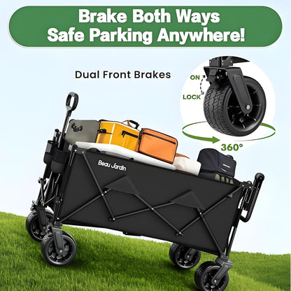 BEAU JARDIN XXL Festival Trolley Beach Cart - 300L 230KG(500LBS) Heavy Duty Folding Wagon All-Terrain Utility Wide Wheels for Camping & Shopping | Push & Pull Handle | Portable Collapsible | Black