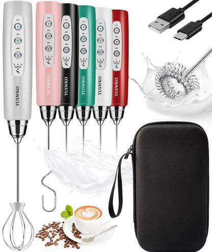 YUSWKO Black Handheld Milk Frother Wand for Coffee, Rechargeable Electric Whisk with 3 Heads 3 Speeds Drink Mixer Coffee Frother For Latte, Cappuccino, Hot Chocolate, Egg