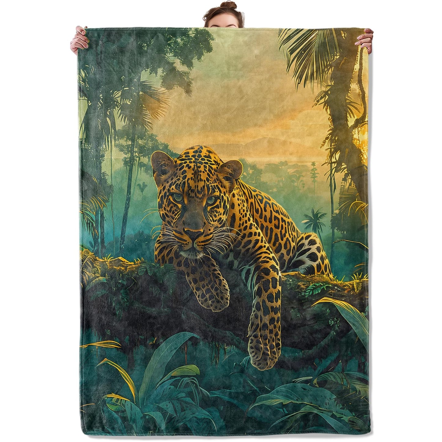 TRYYN Jungle Leopard Adventure Throw Blanket for Couch Outdoor Camping Bedroom Decor, Nature Wildlife and Forest, Super Soft Cozy Warm Fluffy Fleece Blankets Gifts for Kids Adults, 60x50 Inch