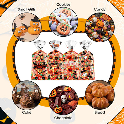 100 Pcs Halloween Treat Bags - Happy Halloweens Goodie Bag, Plastic Halloween Pumpkin Cellophane Bag Bulk, Clear Gift Goody Candy Bags with Twist Ties for Halloweens Party Supplies Favors Decorations