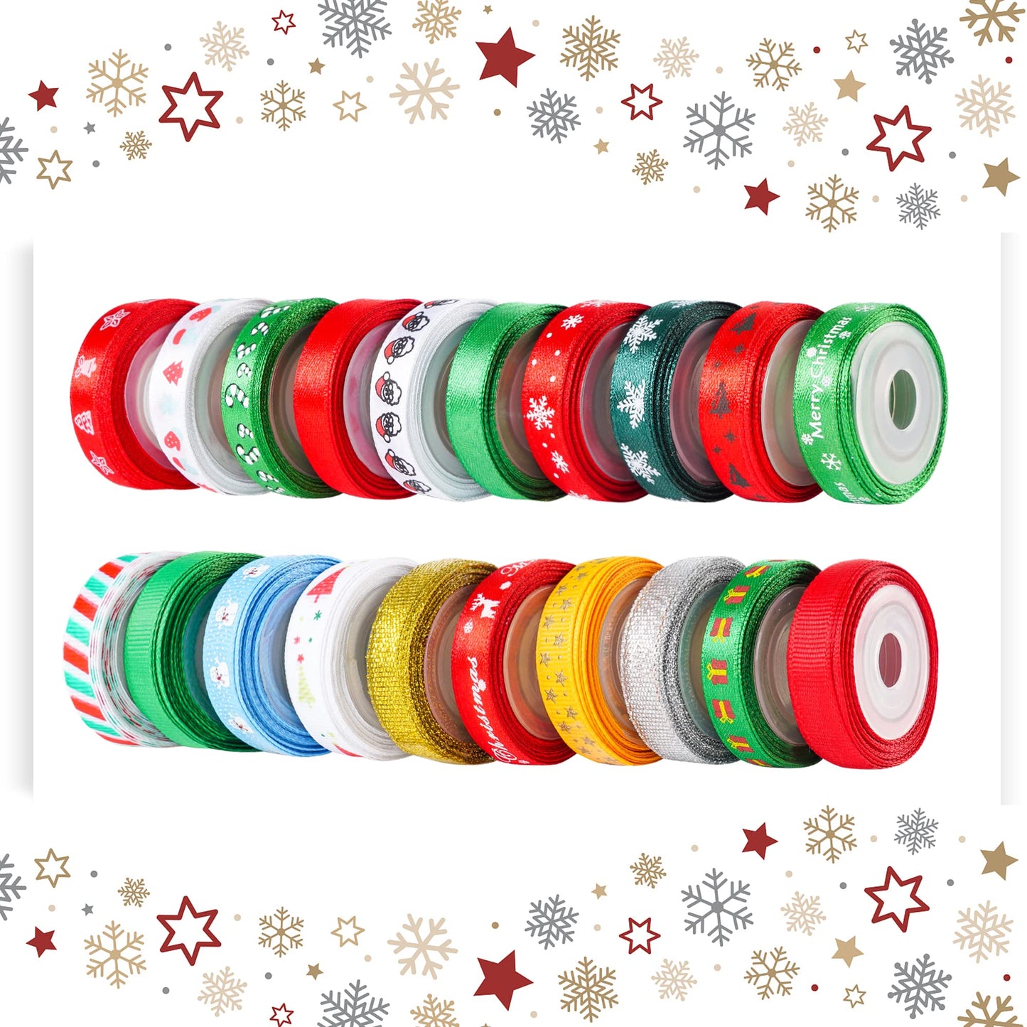 LIUYAXI 20 Rolls 100 Yards Christmas Ribbon for Gift Wrapping,3/8 Inch Christmas Ribbon,Christmas Satin Grosgrain Ribbon for Crafts DIY Holiday Christmas Decorations