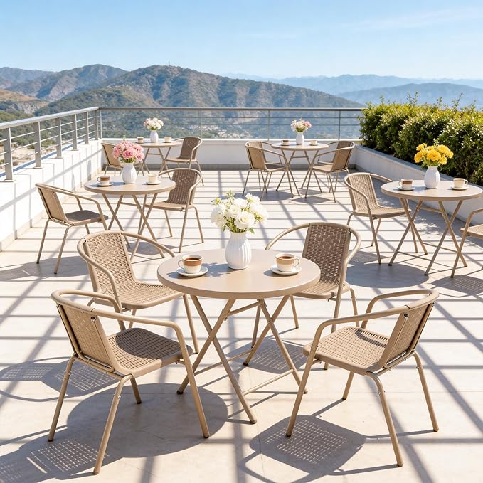 VINGLI PE Rattan Outdoor Dining Chairs Set of 2, Plastic Stackable Patio Chairs for Indoor, Porch, Restaurant, Garden,Champagne