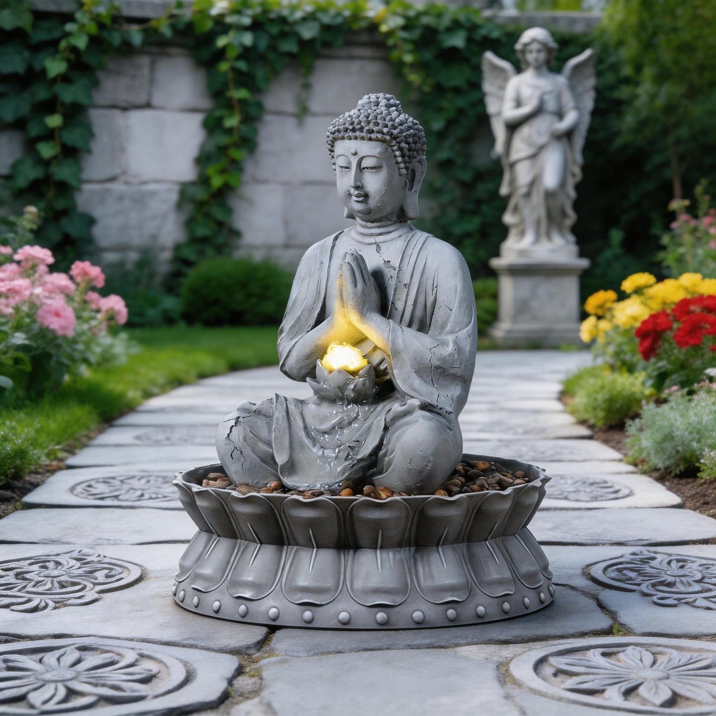 Tolevoit Outdoor Water Fountains Seated Buddha Lotus Help Meditation, Relaxation, and Tranquility with Warm LED Lights Fit Yard, Garden, Lawn