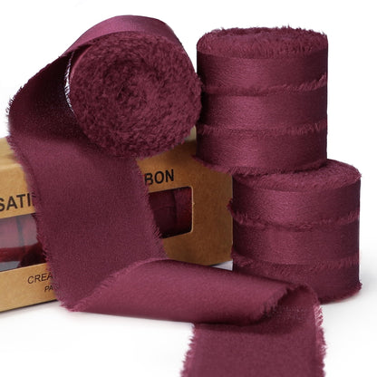 Keypan Burgundy Ribbon for Gift Wrapping, Silk Satin Chiffon Frayed Fabric Ribbons for Crafts Flower Bouquets Wedding Invitation Decor Christmas 1-1/2 Inch x 21 Yd