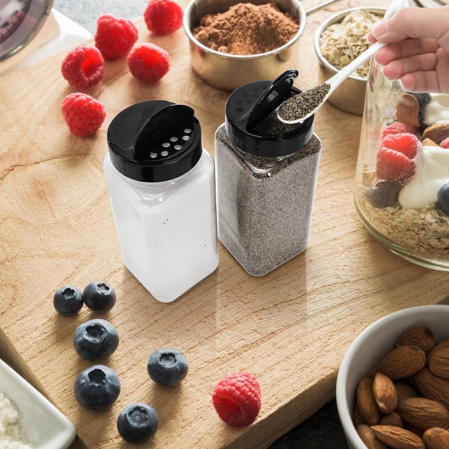 Hacaroa 16 Pack 20 Oz Plastic Spice Jars with Shaker/Pourer Lids, Square Large Empty Seasoning Containers Clear Spice Bottles for Dry Food, Condiments, Herbs, Powders