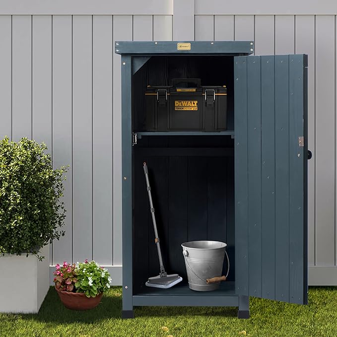 HABAU Outdoor Storage Cabinet for Patio, Garden Potting Bench Table with Shelves & Metal-Tabletop, Wooden Planting Work Station, Weatherproof