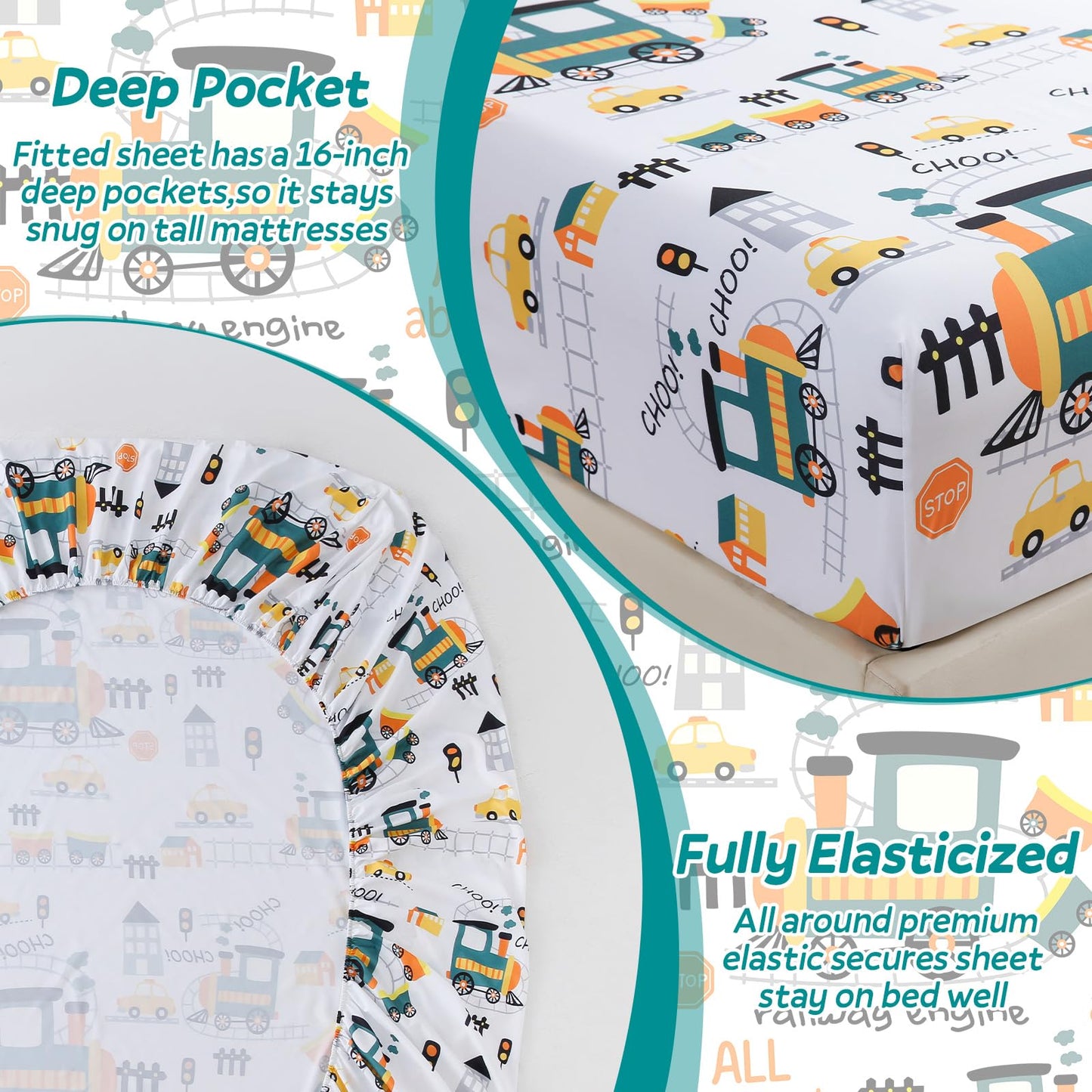 ChicView Full Sheet Set Kids,4 Pieces Breathable Soft Microfiber Bedsheets for Child Boys Girls, Anti Pilling Deep Pockets Easy Care Bed Sheets, Train