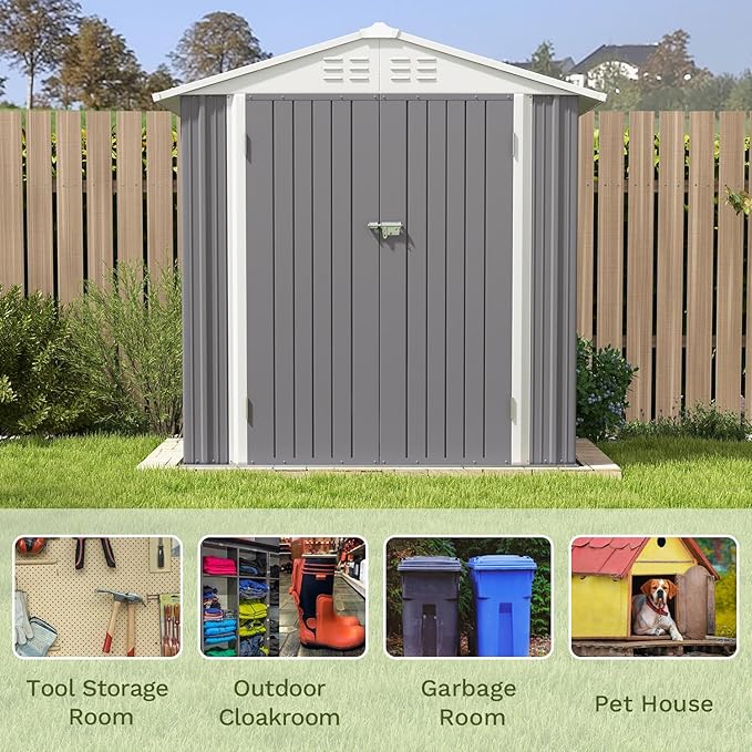 Patiowell 6x4 FT Outdoor Storage Shed, Water-Resistance Metal Outdoor Sheds with Vents & Lock, Garden Shed of Galvanized Steel for Lawn, Patio, Backyard Garden Tools, Bikes, Gray
