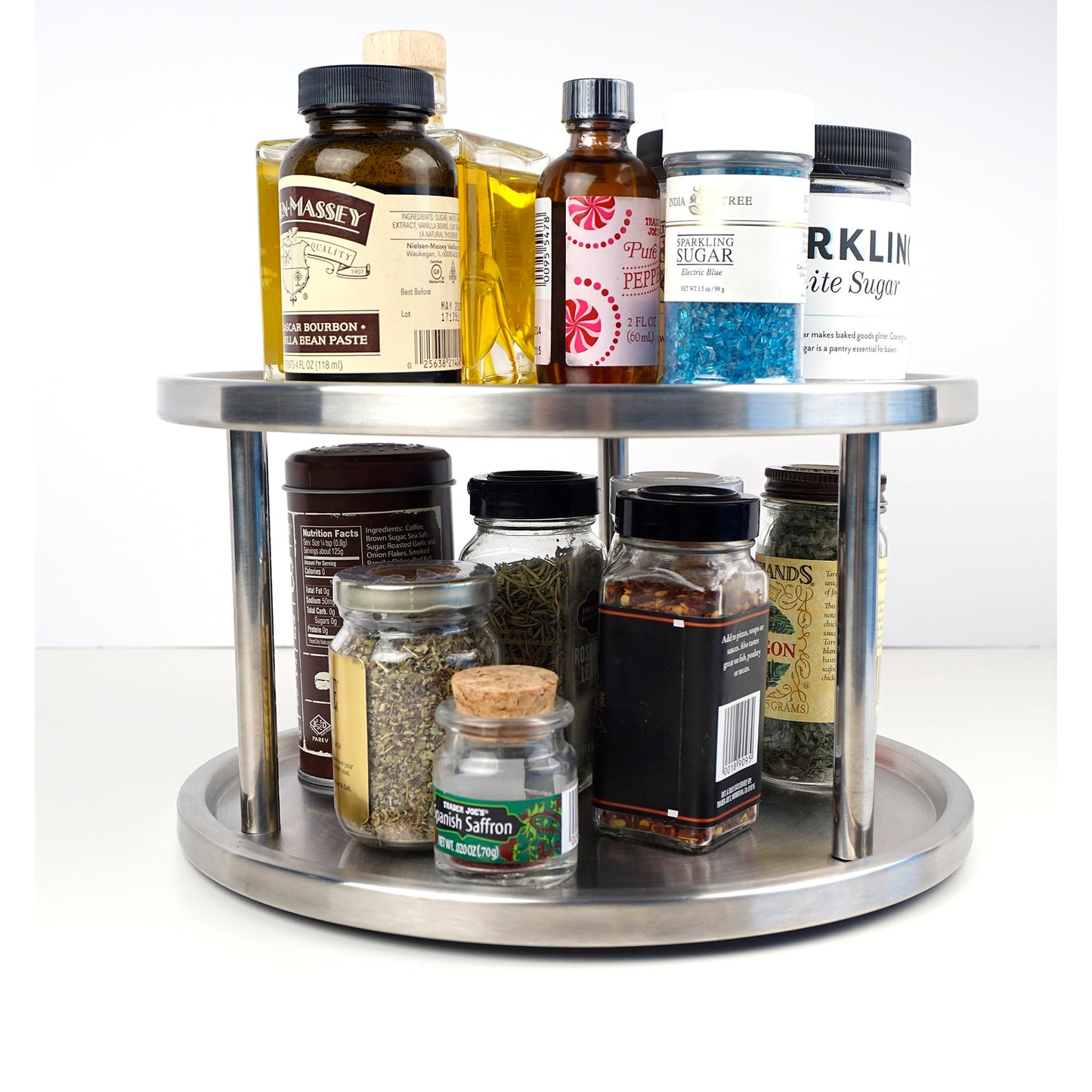 RSVP International Two-Tier Turntable Lazy Susan | Handy in Cabinet, Refrigerators & Counters | Organize Spices, Canned Foods, Pots, Pans, Dinnerware, 10.5" x 6", Stainless Steel