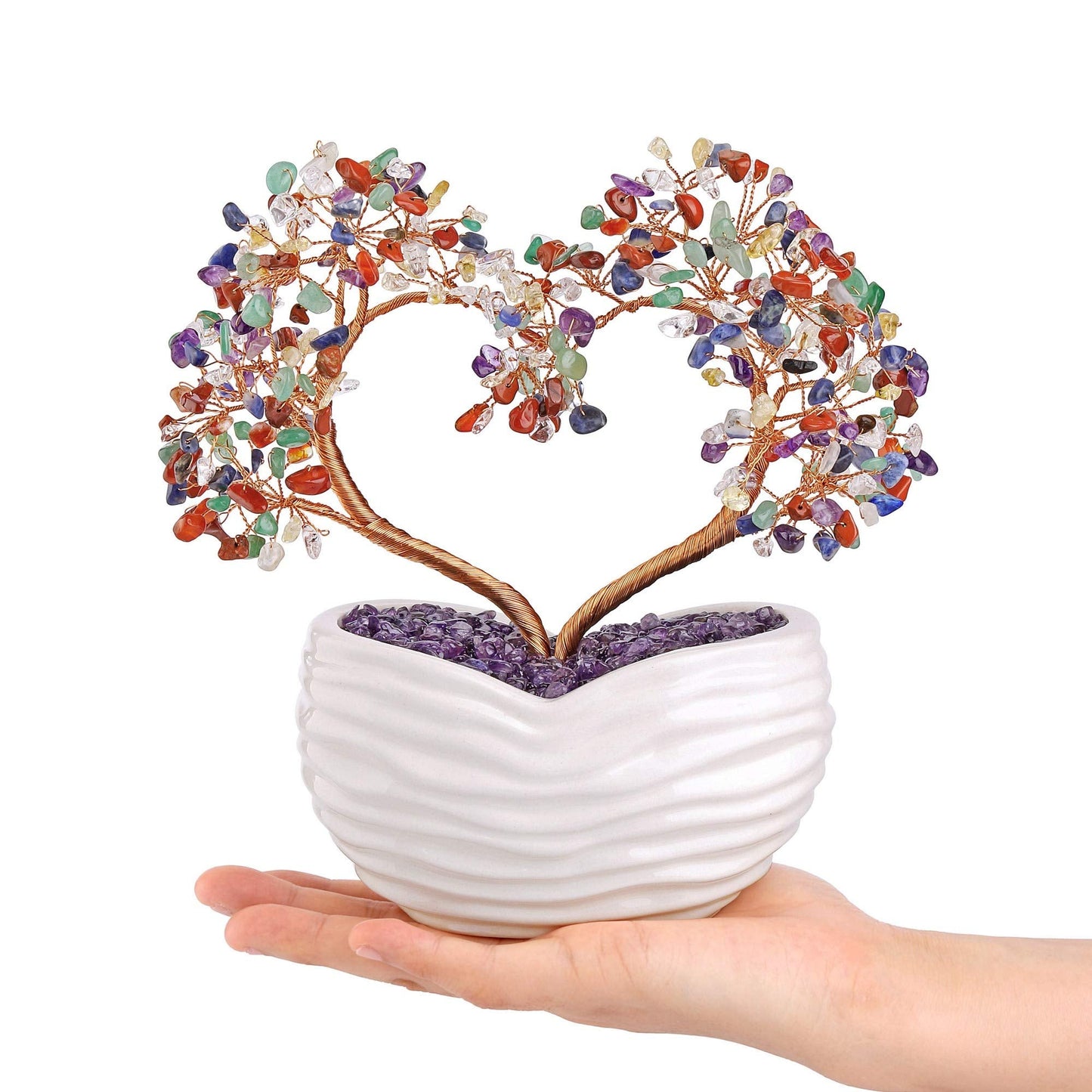 GEHECRST 7 Chakra Healing Crystal Tree Heart Shape Crystal Gemstone Bonsai Money Tree Feng Shui Crystal Ornament for Home Office Desk Decor Good Luck Crystals Gifts for Mom Christmas Day Her Women