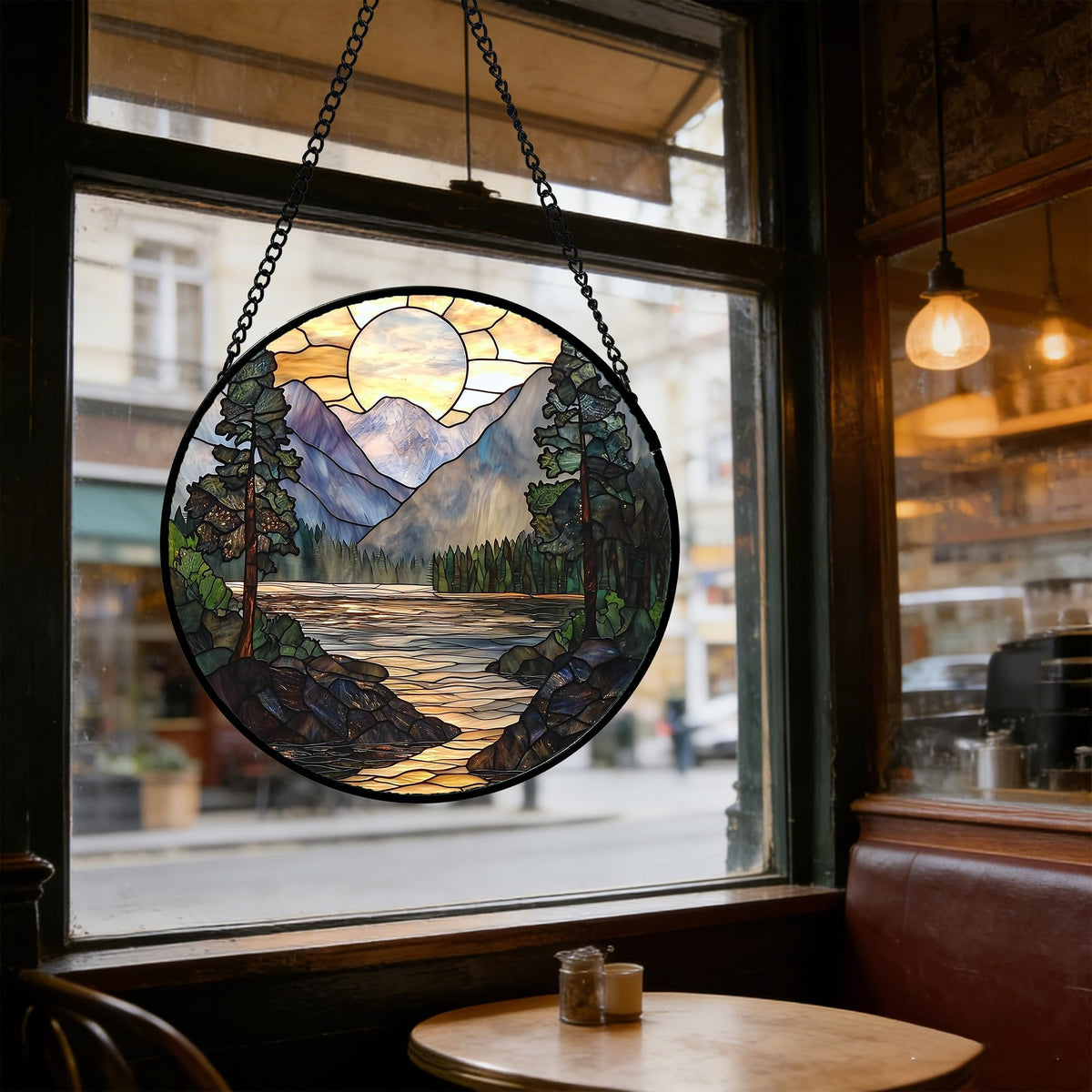 AMDERVEN Stained Glass Window Hanging, Sunset Mountains Lake Tree Sun Catcher for Window Home Decor Landscape Suncatcher Mother's Day Birthday Gifts for Women Men Mom and Nana 6.3 in