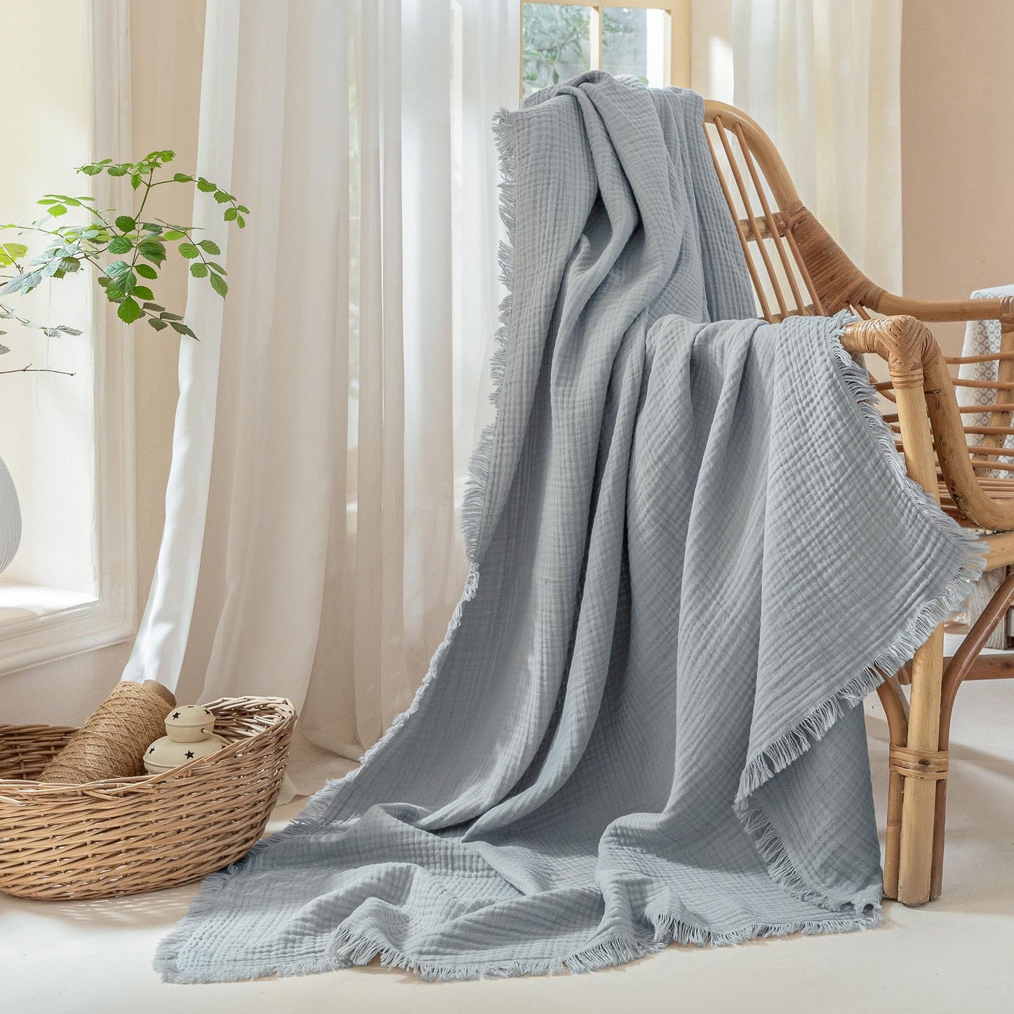 Muslin Fringe Blanket for Adults 100% Cotton 4-Layer Gauze Cloud Soft Breathable Lightweight All Season Throw Blanket for Bed Couch Sofa Office (Dusty Blue, Twin XL 66" × 90")