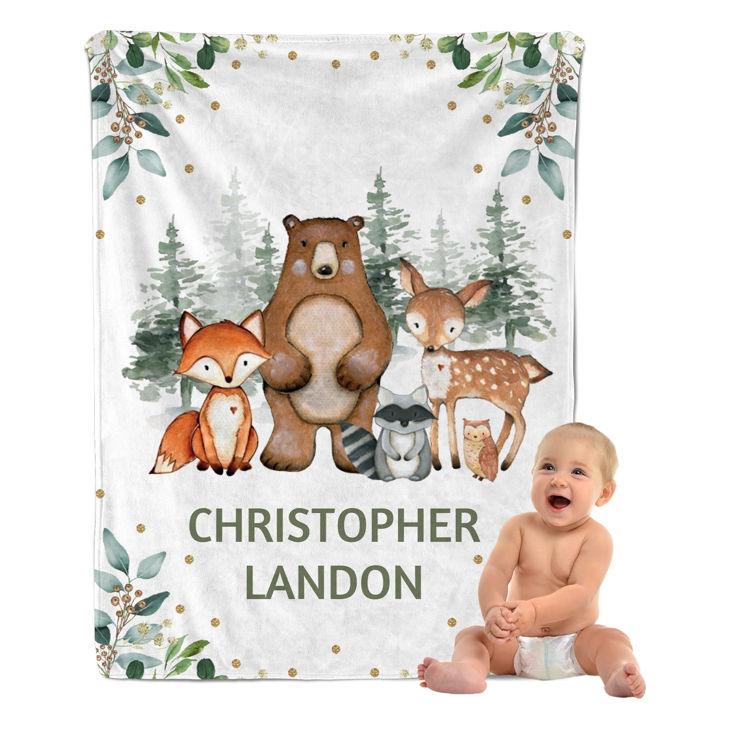 Personalized Baby Blanket with Name, Custom Woodland Kids Blankets for Boys, Customized Receiving Blankets for Boys Baby Shower Christmas Birthday Gifts, Soft Newborn Blanket