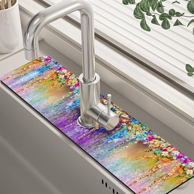 Abstract Watercolor Flowers Dish Drying Mat