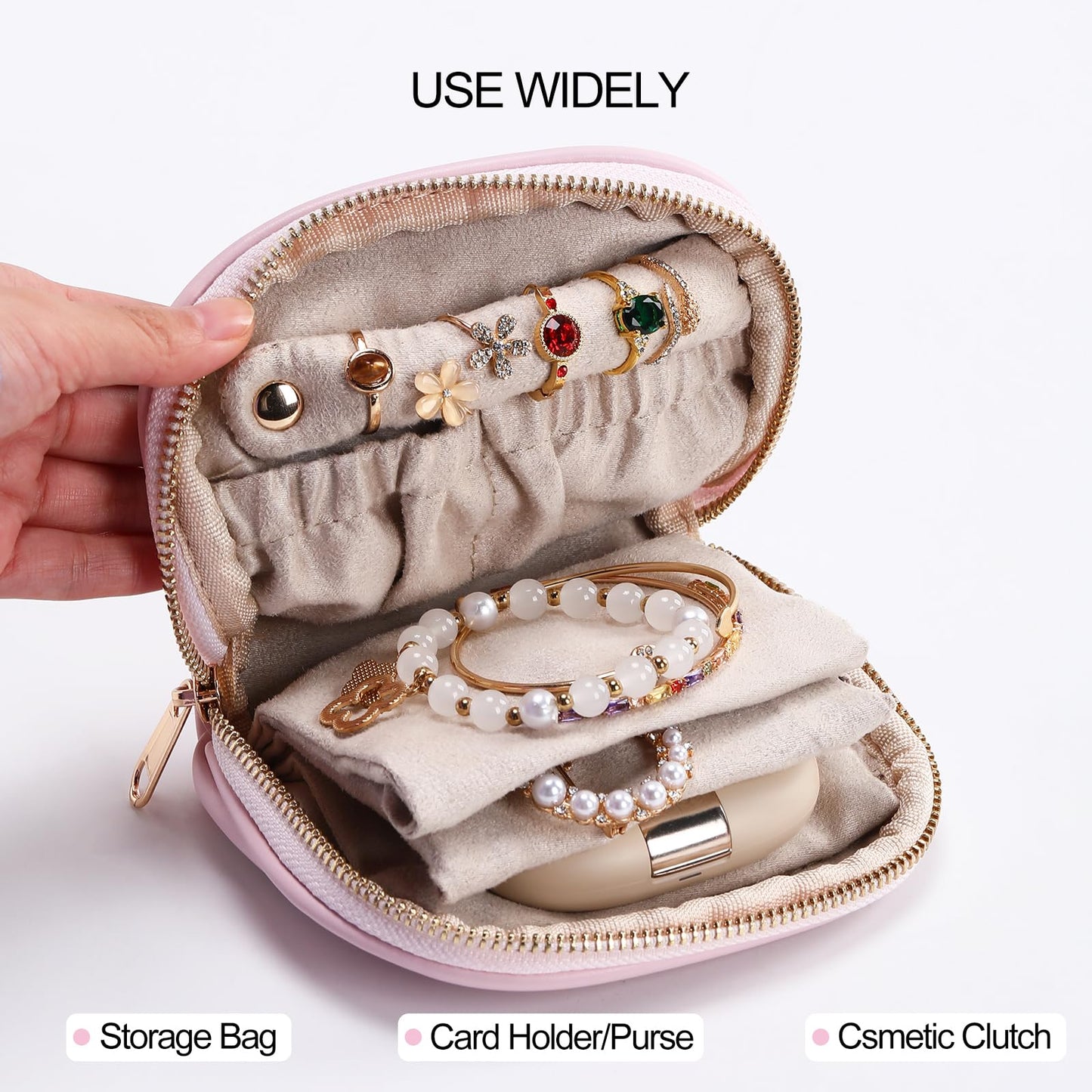 RSNREP Small Travel Jewelry Organizer Storage Pouch - Velvet Mini Travel Jewelry Case for Women, Compact Zipper Bag for Bracelets, Rings, Earrings Essential Travel Accessory Gift (pink)