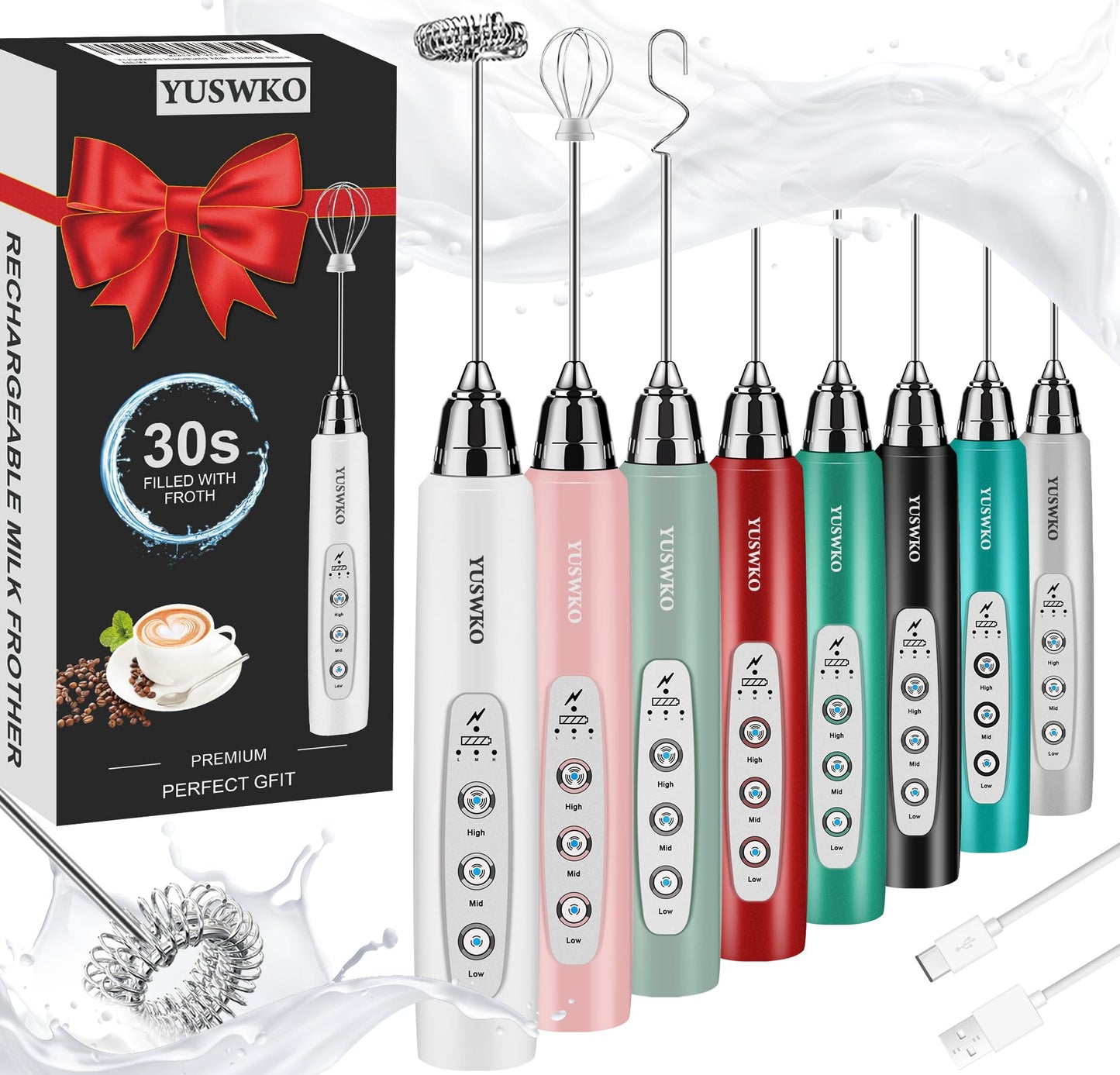 YUSWKO Black Handheld Milk Frother Wand for Coffee, Rechargeable Electric Whisk with 3 Heads 3 Speeds Drink Mixer Coffee Frother For Latte, Cappuccino, Hot Chocolate, Egg