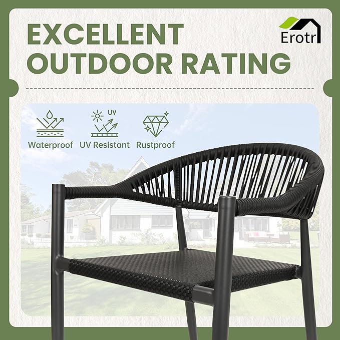 8 Pcs Stackable Patio Dining Chairs, Aluminum Rattan Outdoor Dining Chair with Arms, Woven Rope Garden Armchair Metal No Assembly for Bistro Balcony Porch Deck Yard Cafe Restaurant, Black