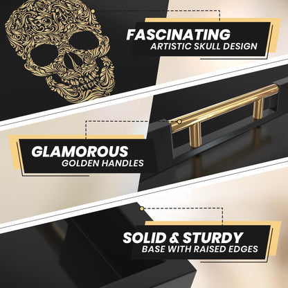 Gothic Skull Serving Tray with Gold Handles – Black Gloss Wooden Ottoman Tray for Coffee Table, Bar, or Kitchen – Elegant Gothic Decor & Unique Gift for Halloween, Horror & Alternative Style Lovers