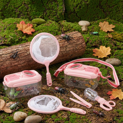 Halloscume 6 Sets Bug Catcher for Kids Students Insect Catching Kit Collector Bug Box with House, Butterfly Net, Tweezer, Cage Habitats Container Collection Explorer Gift (Pink,Green)