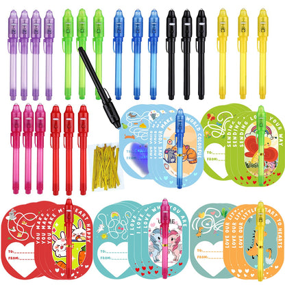 SCStyle 56 Pcs Party Favors | Valentines Day Cards 28Pcs and 28 Invisible Ink Pen with UV Light,Writing Secret Information Bag Gifts for Students Classroom Favors,Valentines Day for Kids Gifts Set