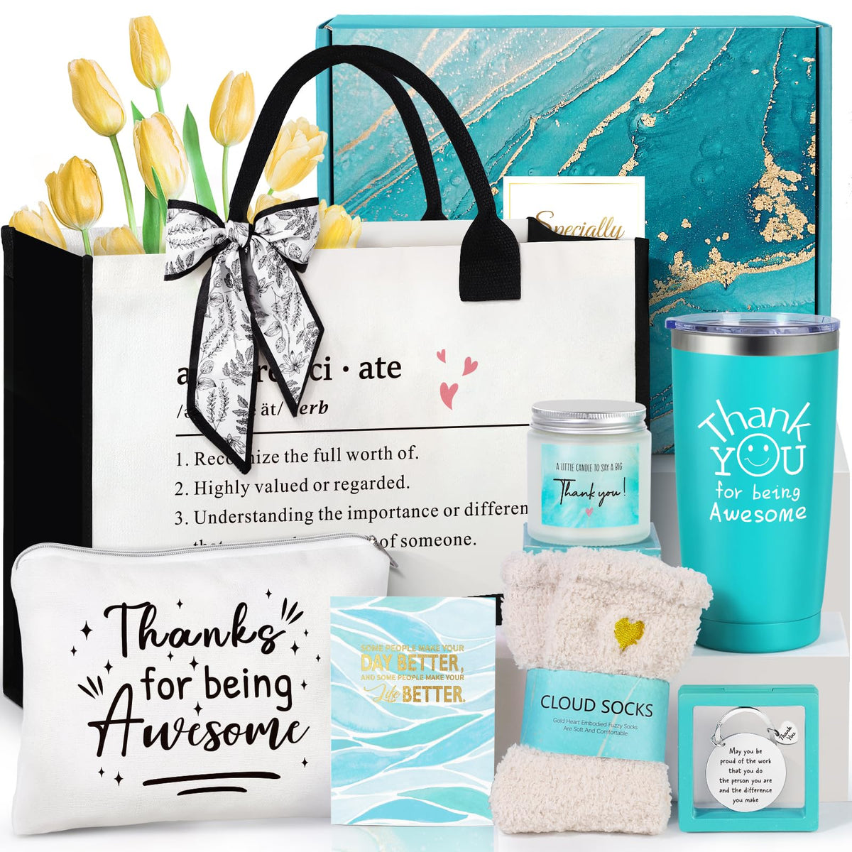 Suhctuptx Thank You Gifts for Women, Employee Appreciation Gifts, Appreciation Gift for Coworkers Teachers Employees, Gratitude Basket with Canvas Tote Bag Thank You for Being Awesome Tumbler
