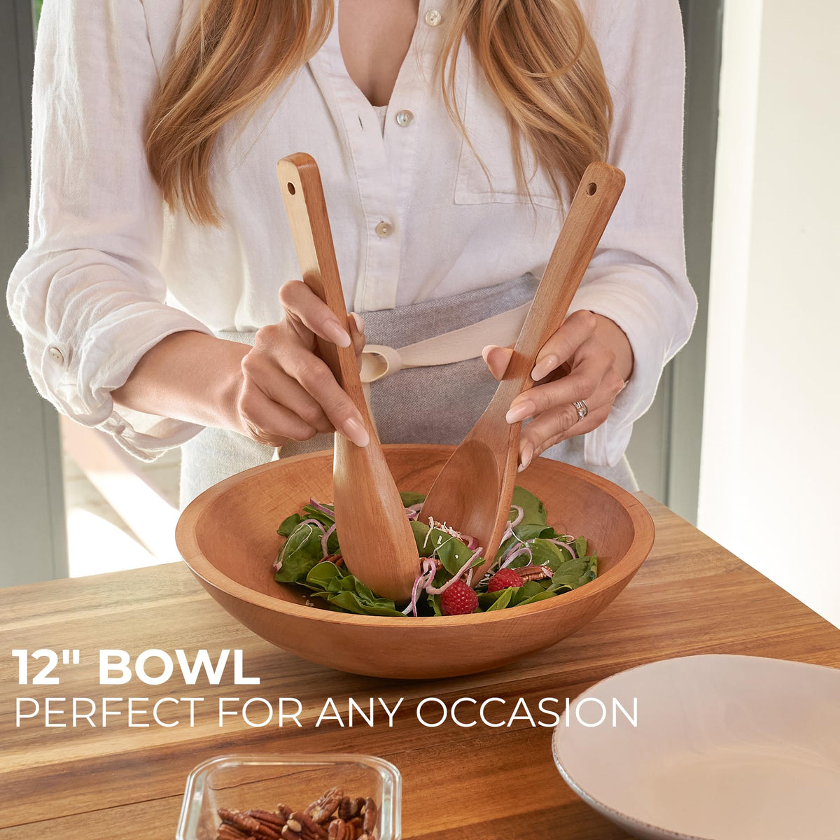 KIBAGA Extra Large Wooden Salad Bowl Set With Serving Utensils - A Beautiful Party Salad & Fruit Bowl With Serving Spoons Perfect for Your Dinner Party - Decorative & Practical Kitchen Must-Have