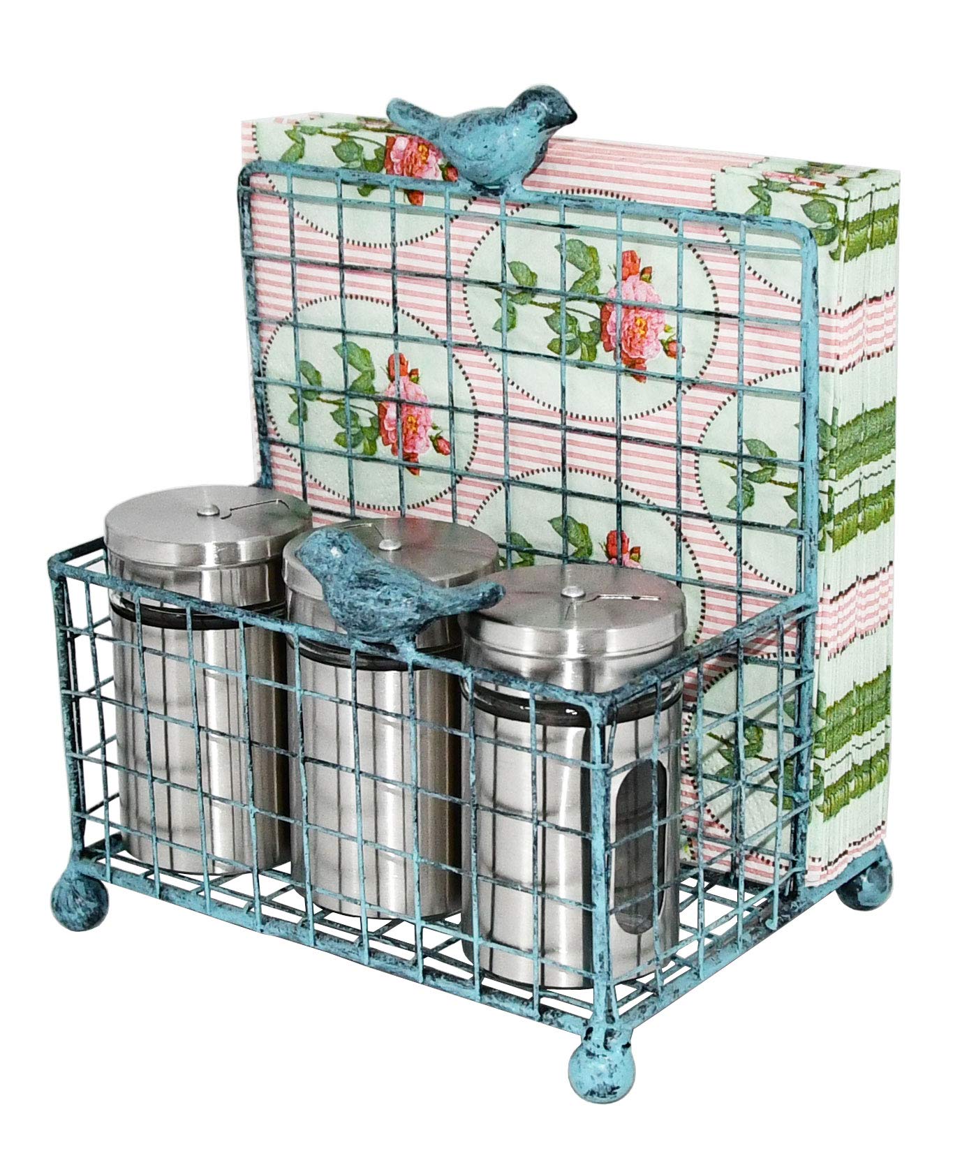 OwlGift Metal Salt & Pepper Holder, Upright Napkin Holder w/Top Cast Iron Bird, Freestanding Condiments Storage Organizer, Napkin Caddy for Tabletop, Office, Restaurant, Dinning Table – Turquoise