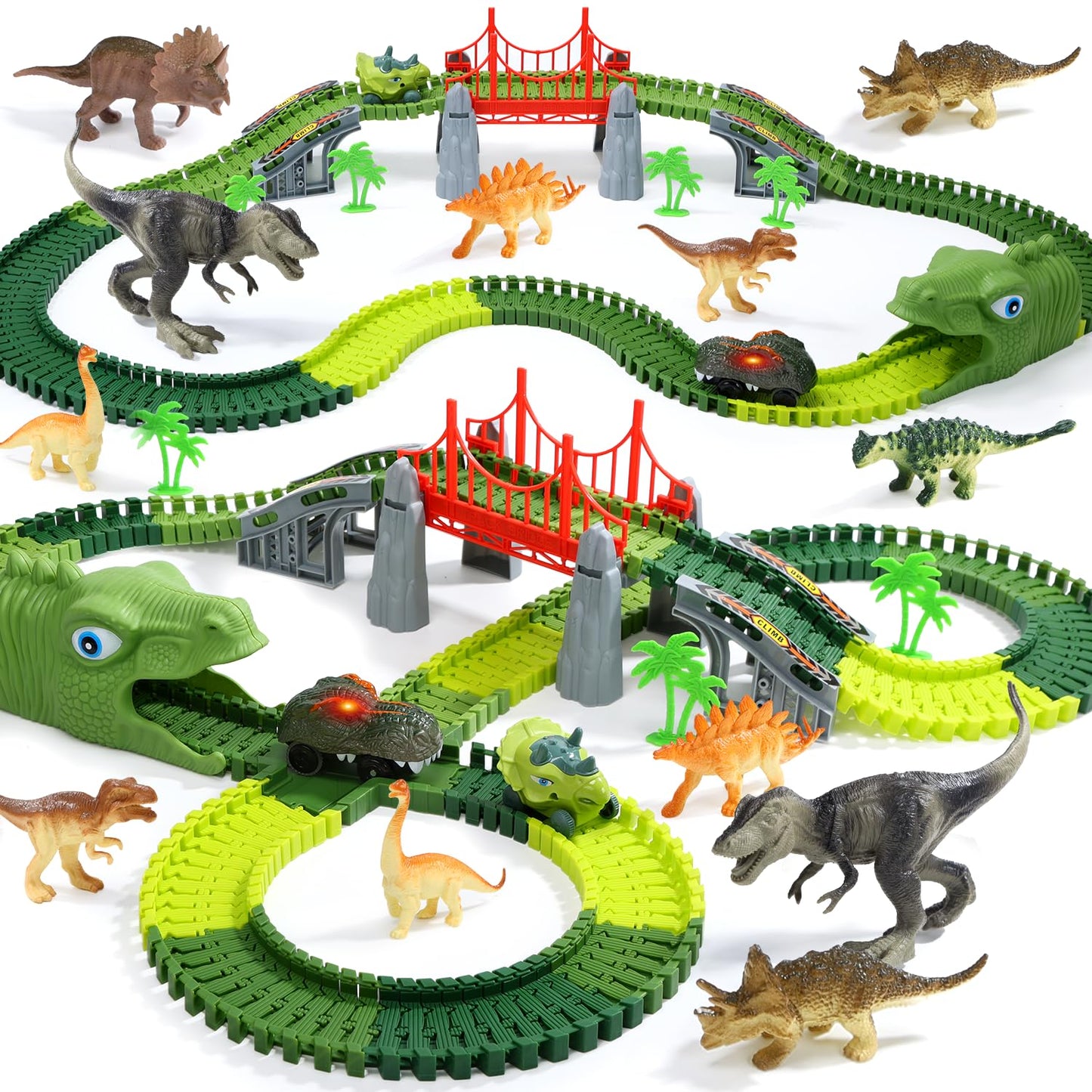 EagleStone Dinosaur Track Set for Kids – 225 PCS Flexible Race Tracks,1 Electric Dino Cars with Light, 8 Dino Figures, Dinosaur Head Tunnel,Christmas Birthday Gift for 3-8 Year Old Boys and Girls