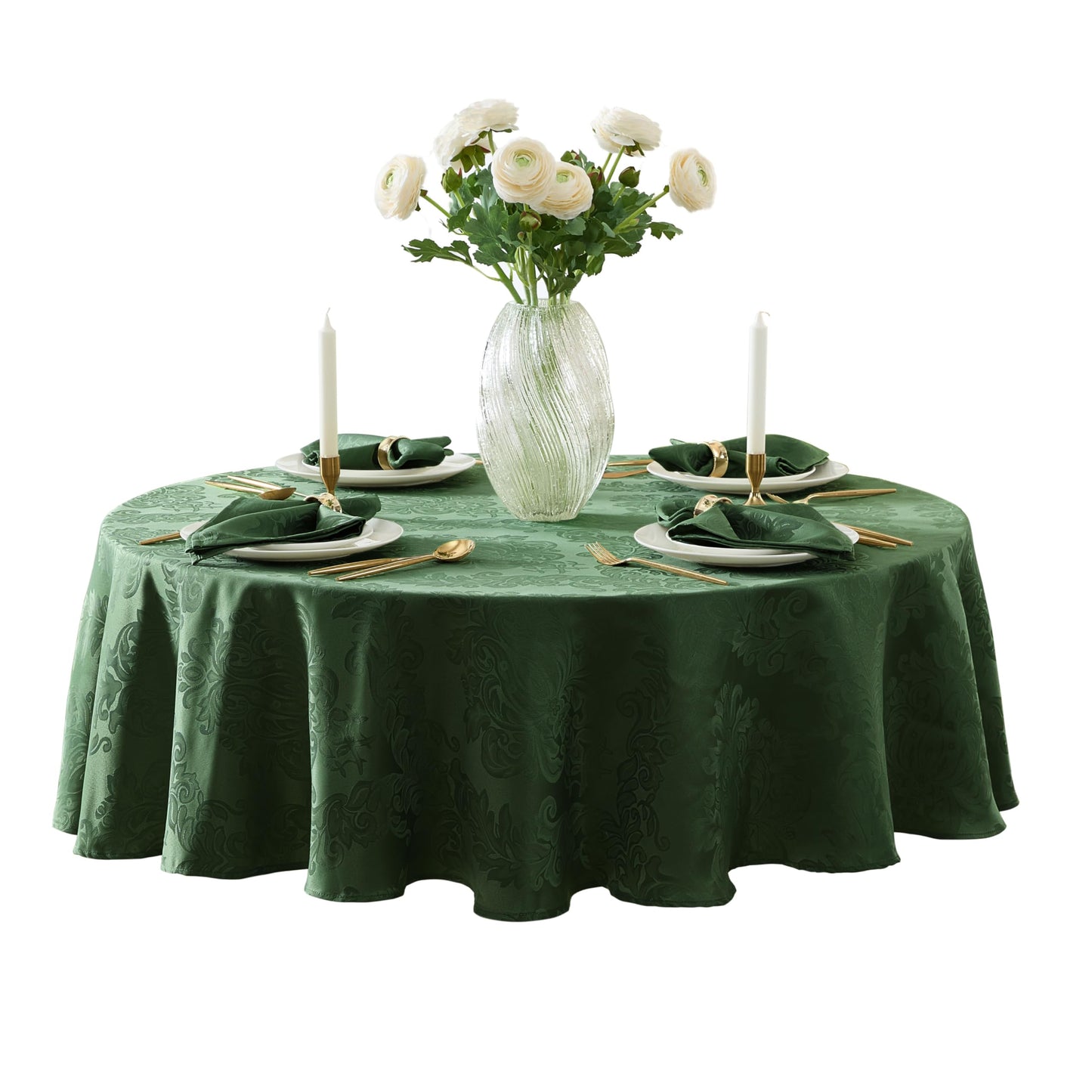 Newbridge Christmas Barcelona Damask Fabric Tablecloth, 70 Inch Round, Hunter Green – No Iron, Soil Resistant Table Cover for Dining, Parties and Holidays