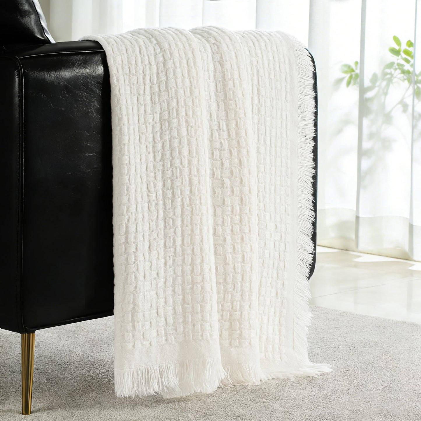 Exclusivo Mezcla Knit Throw Blanket with Fringes for Couch, Reversible Super Soft and Warm Woven Throw for Summer, Home Decor, 50"x60", Ivory