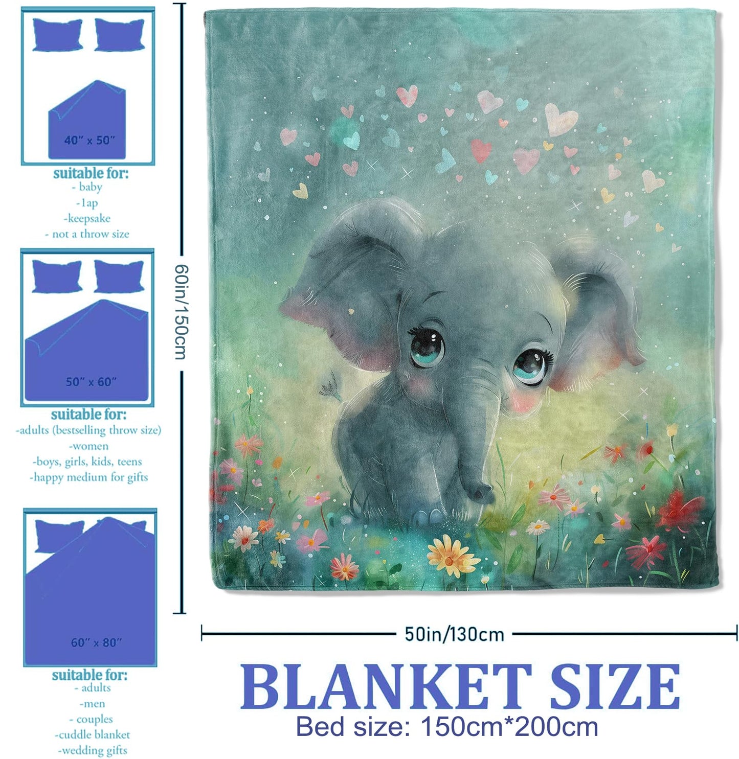 Plistiz Cute Baby Elephant Throw Blanket 50"x60", Animals Theme Blankets for Living Room Couch, Home, Sofa Decor, Soft Flannel Elephant Gifts for Women