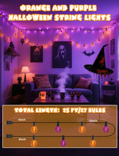 Pallerina Purple and Orange Halloween Lights,25FT 27 LED G40 Globe String Lights,Waterproof Halloween Decorations for Outdoor Indoor Haunted Patio Home Party Garden Yard Decor