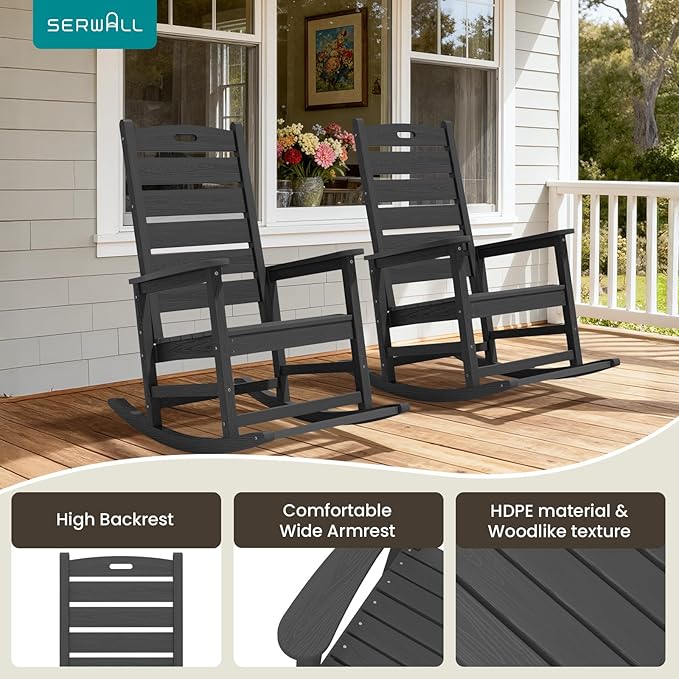 SERWALL Outdoor Rocking Chair, Oversized Rocking Chair with Footrest for Adults, HDPE All Weather Resistant Rocking Chairs for Patio, 350lbs Weight Capacity, Gray