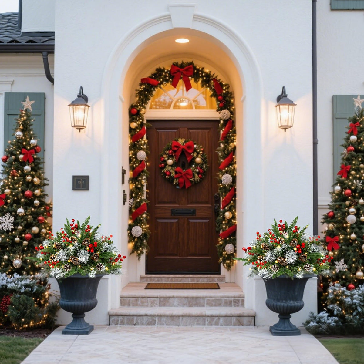 Teoytm Outdoor Urn Filler, Set of 2 Lighted Outdoor Christmas Tree, Battery Operated Christmas Porch Decorations for Driveway, Yard, Garden, Flower Beds