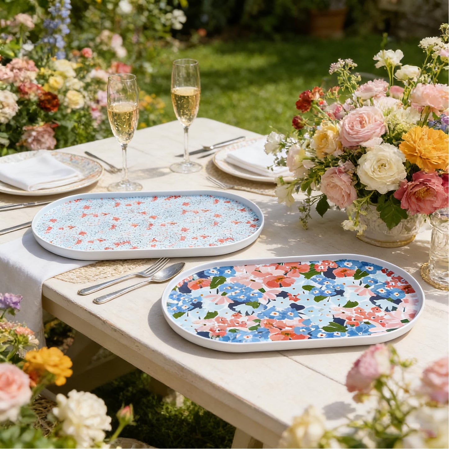 17 Inch Melamine Serving Trays Set of 2, Large Oval Platters, Unbreakable & Dishwasher Safe Lipped Trays for Indoor/Outdoor Use, Modern Art Decorative Dinner Set (2 Piece with Different Designs)