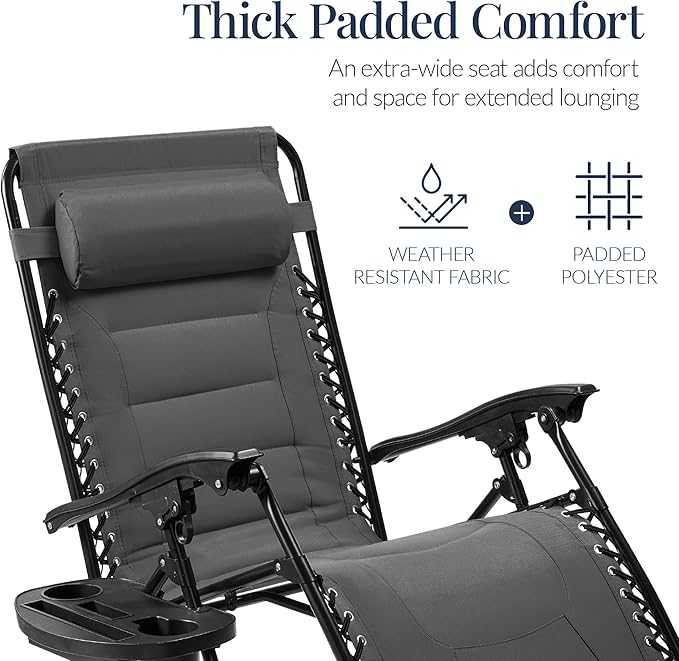 Best Choice Products Oversized Padded Zero Gravity Chair, Folding Outdoor Patio Recliner, XL Anti Gravity Lounger for Backyard w/Headrest, Cup Holder, Side Tray, Polyester Mesh - Gray