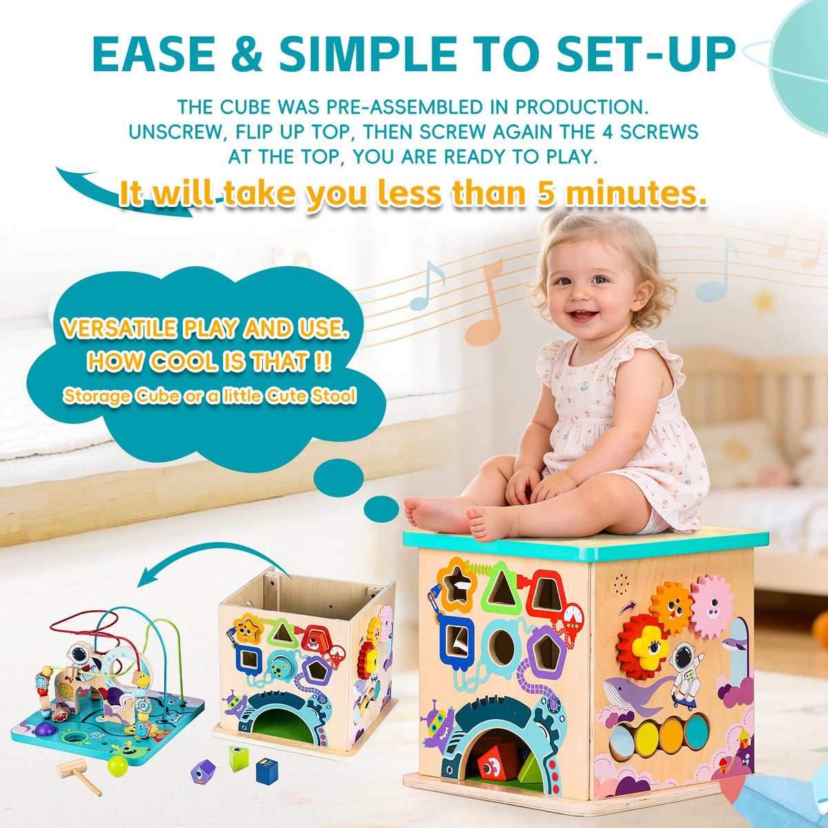 Udeas Pre-Assembled 9 in 1 Large Wooden Activity Cube. Educational Learning Toy for Kids with Bead Maze, Shape Sorter and Music Gears and More. for Toddlers 18 M+. Birthday Gifts for Boys and Girls