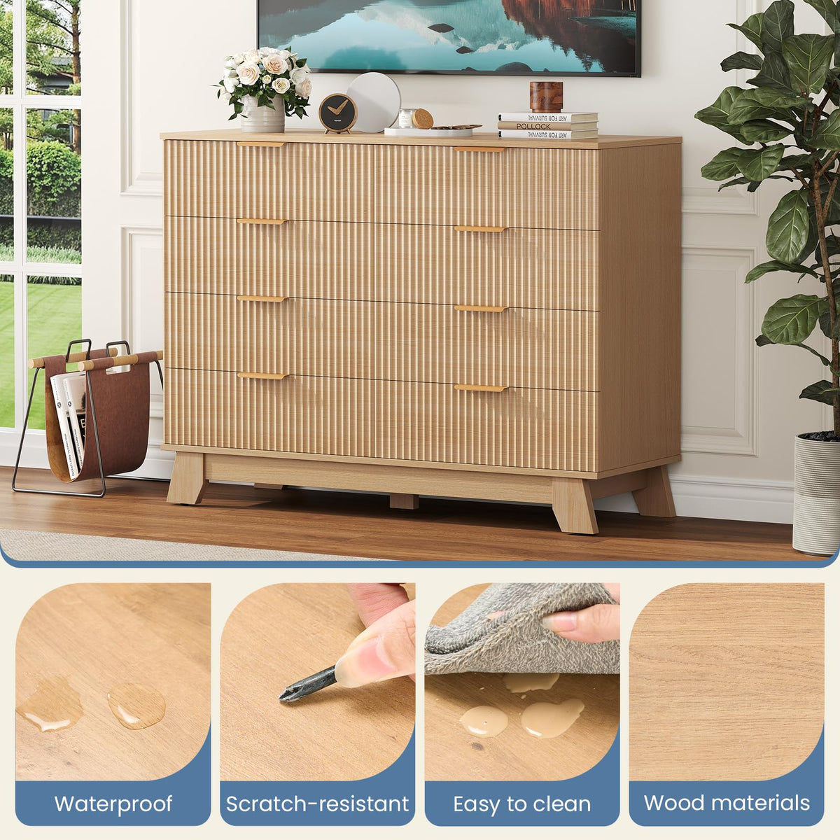 DUMOS Fluted 8 Drawer Dresser for Bedroom, 43.3" Wide Modern Chest of Drawers with Gold Metal Handles, Wooden Dresser TV Stand, Storage Organizer Unit for Living Room, Hallway, Natural Oak