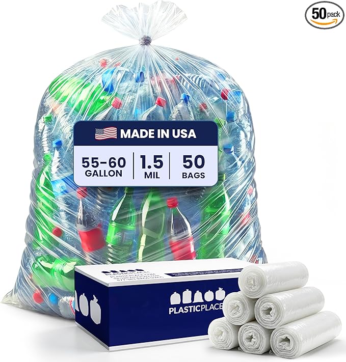 Plasticplace Heavy Duty 55-60 Gallon Trash Bags – Clear Garbage Can Liners –