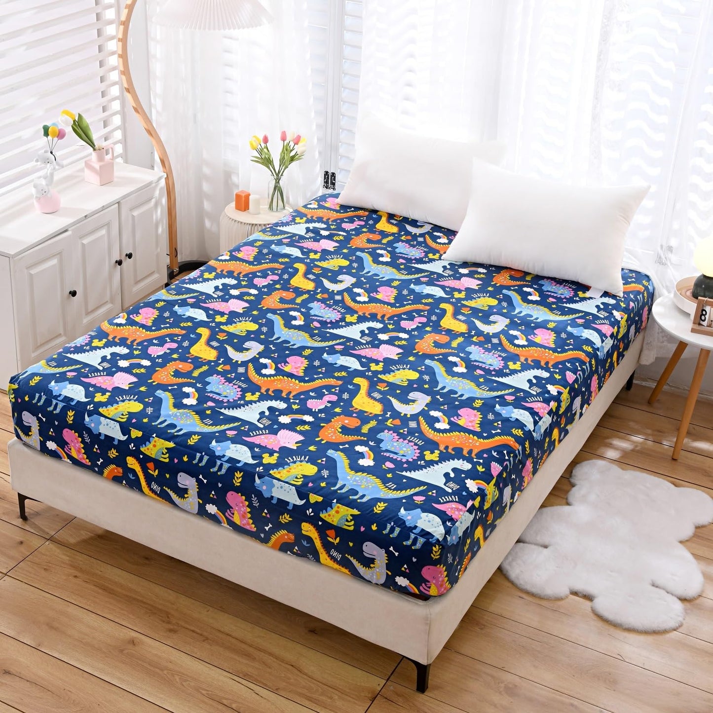 NATURETY Bedding Fitted Sheet with Deep Pocket,Dino Printed Thicken Soft Fabric Bed Sheets (Navy Blue(Dinosaur), Queen)