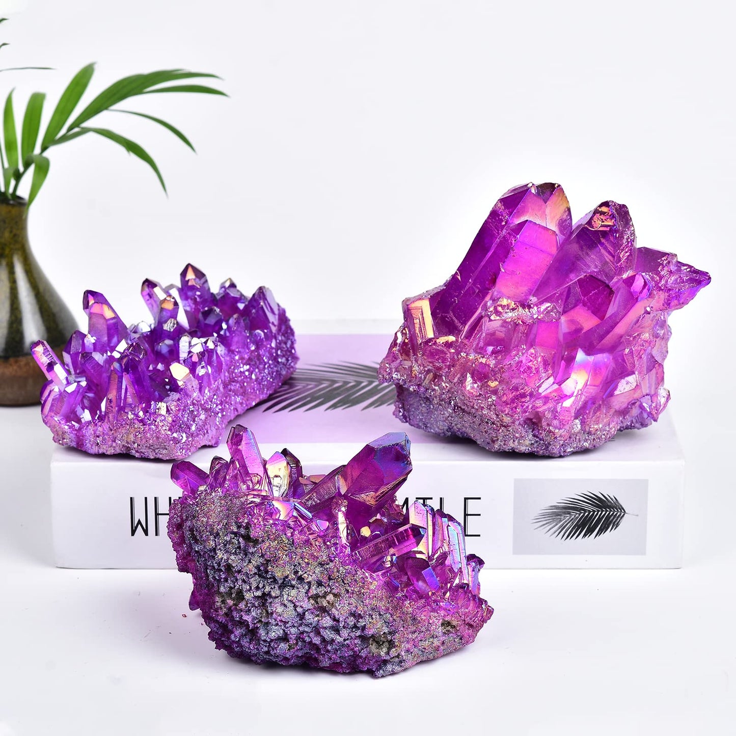 JIC Gem Real Natural Big Titanium Coated Crystal Cluster Purple Quartz Geode Druzy Home Decoration Gemstone Specimen(9-11cm)