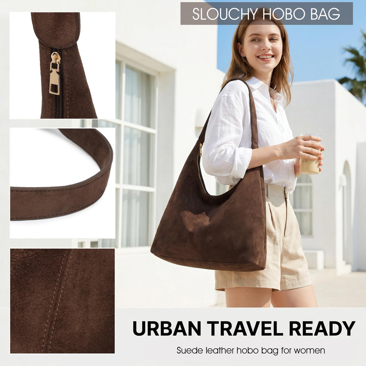 Slouchy Suede Hobo bag for Women Casual Shoulder Bag Soft Cresent Tote Purse Handbag Work Travel