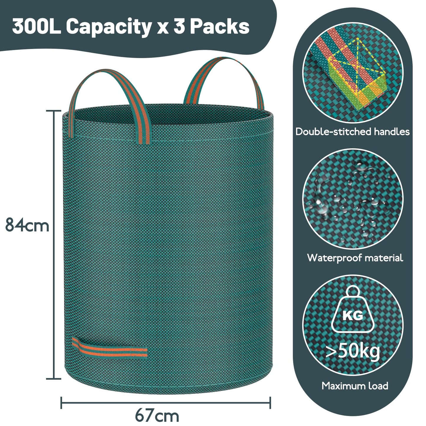 Mokani Garden Waste Bags Heavy Duty with Handles, 300L x 3 Reusable Garden Sacks, Foldable Camping Recycling Bags for Leaf, Trash, Debris, Garden Rubbish Bags Waterproof