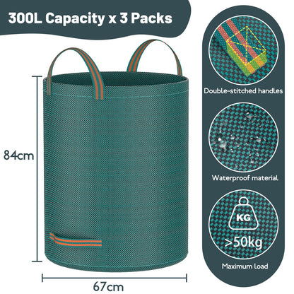 Mokani Garden Waste Bags Heavy Duty with Handles, 300L x 3 Reusable Garden Sacks, Foldable Camping Recycling Bags for Leaf, Trash, Debris, Garden Rubbish Bags Waterproof