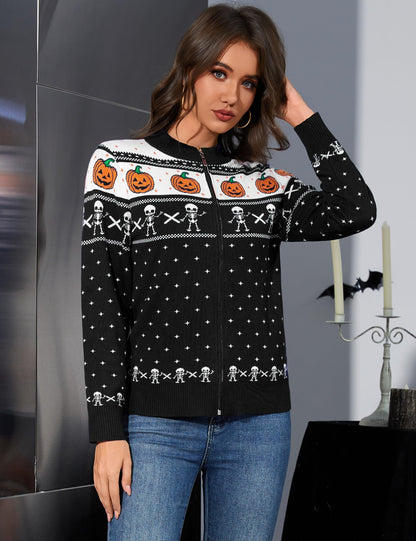 Totatuit Halloween Sweater for Women Pumpkin Zip Up Cardigan Sweaters Long Sleeve Knitted Lightweight Jacket Halloween Black Medium