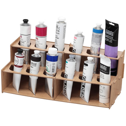 Mezzo Artist Paint and Brush Rack - Wood Grain Laminate Multi Layer Desk Stand Professional Storage Display Organizer for paintbrushes and Paint Tubes - Large Paint Tube Rack