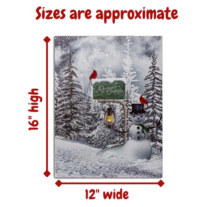 BANBERRY DESIGNS Cardinals and Snowmen Lighted Wall Art Canvas Prints - Christmas Greetings with LED Lantern - Winter Snow Scene with Pine Trees - Measures 16" H x 12" W