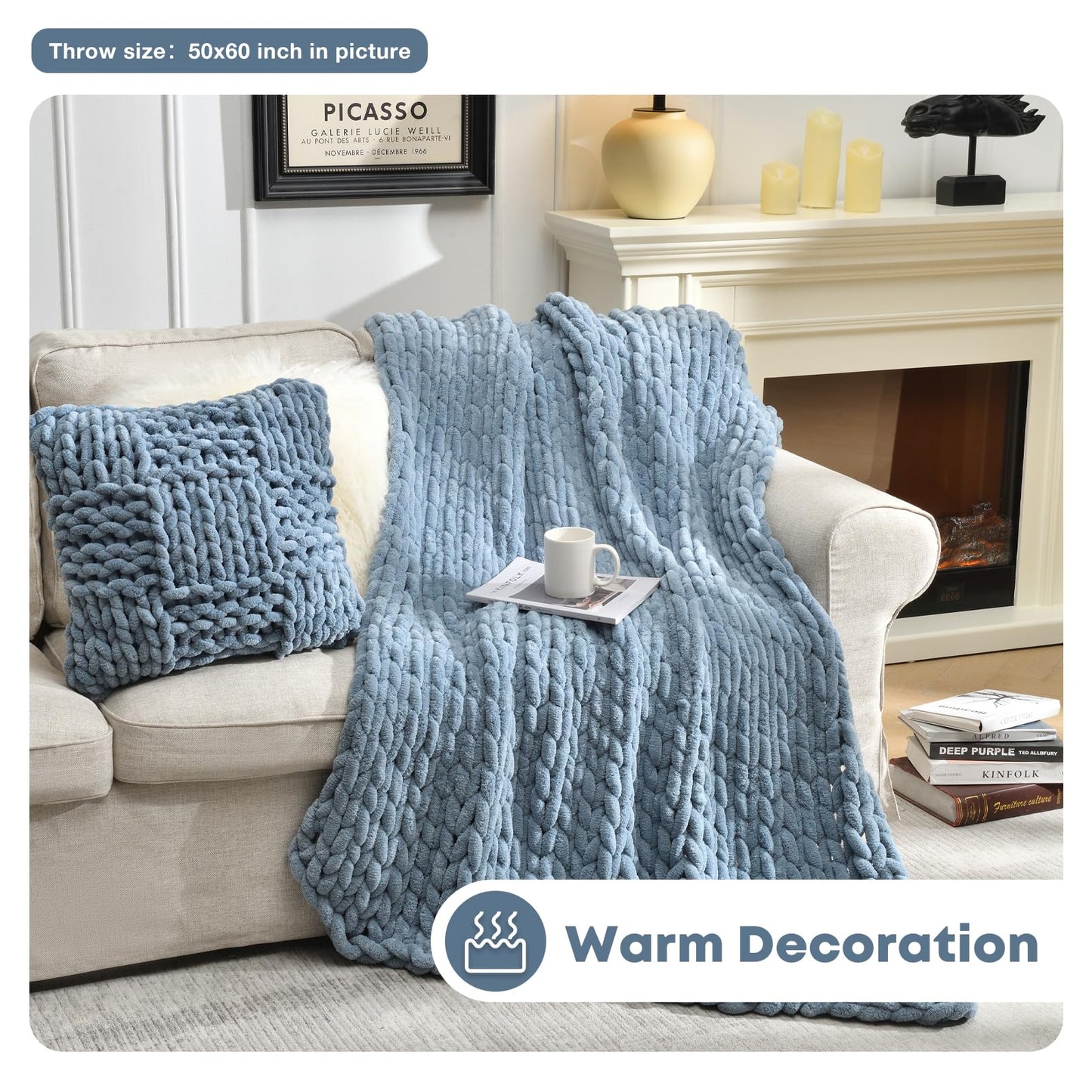 Feabuccy Soft Chunky Knit Blanket, 40X50 Inch Handmade Thick Chenille Yarn Throw Without Shedding & Raveling, Aesthetic & Cozy Home Decor with Couch Sofa Bed, Gift Pack, Airy Blue