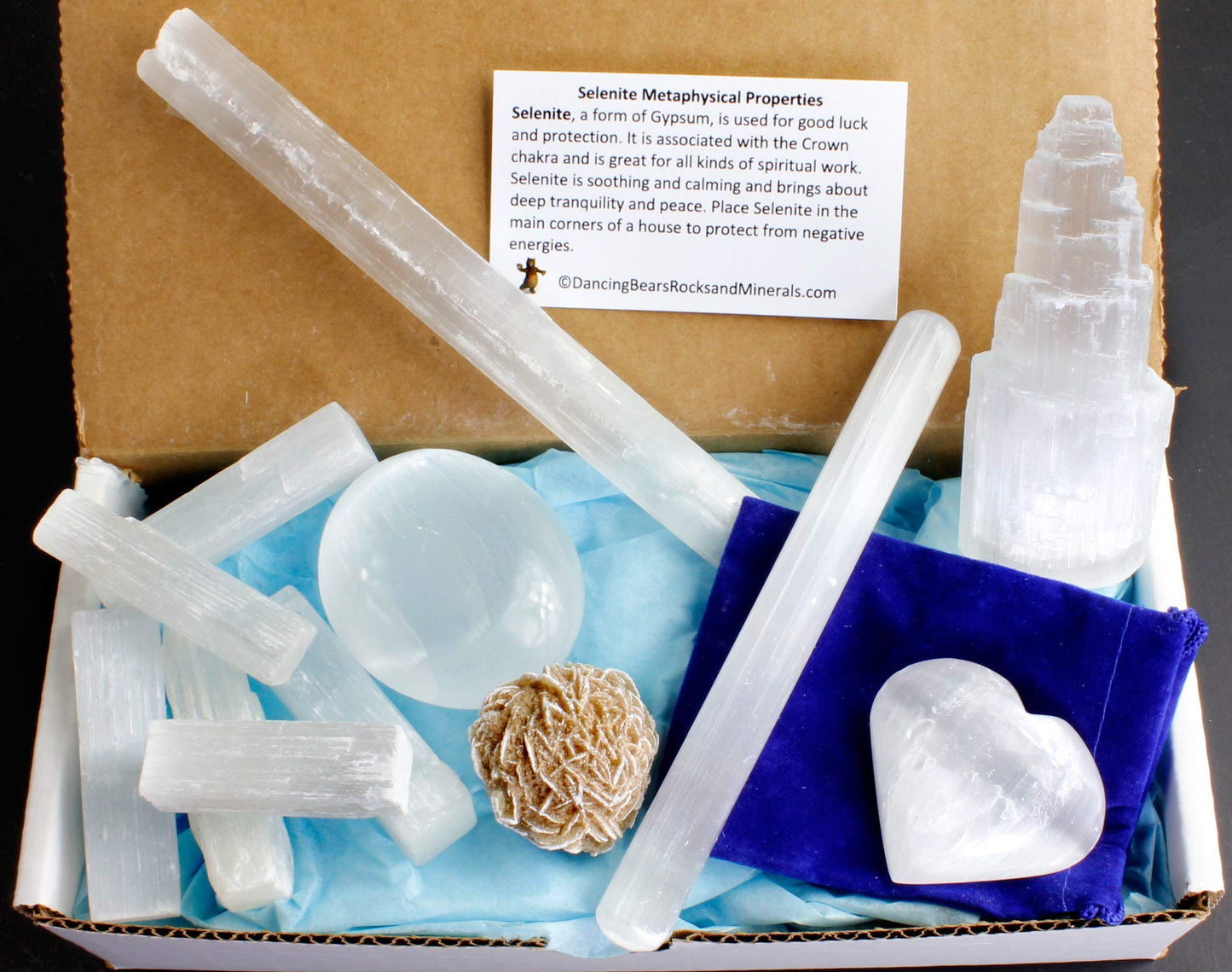 DANCING BEAR Selenite Protection Collection (7 pc Set): Palm Stone Heart, Tower, 5" Stick, 5.5" Massage Wand, and a Sphere, Hand-Made upcycled Silk Bag, and ID Card in Gift Box